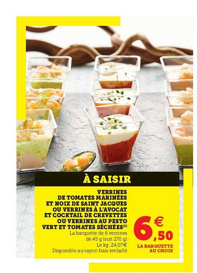 verrines de tomates marinées et noix de saint-jacques ou verrines à l'avocat et cocktail de crevettes ou verrines au pesto vert et tomates séchées