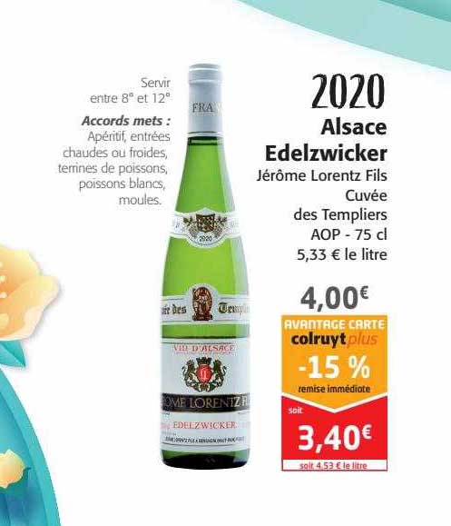 2020 alsace edelzwicker jérôme lorentz fils cuvée des templiers aop