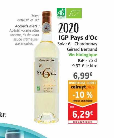 2020 igp pays d'oc solar 6 chardonnay gérard bertrand vin biologique igp