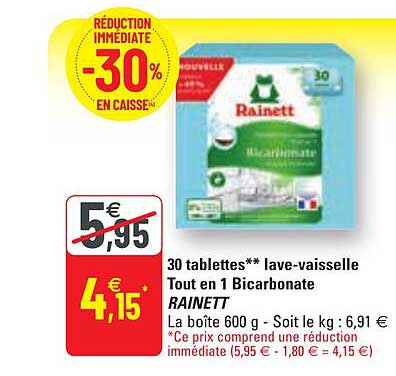 30 tablettes lave-vaisselle tout en 1 bicarbonate rainett