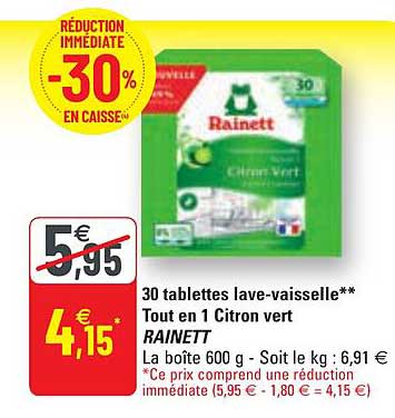 30 tablettes lave-vaisselle tout en 1 citron vert rainett