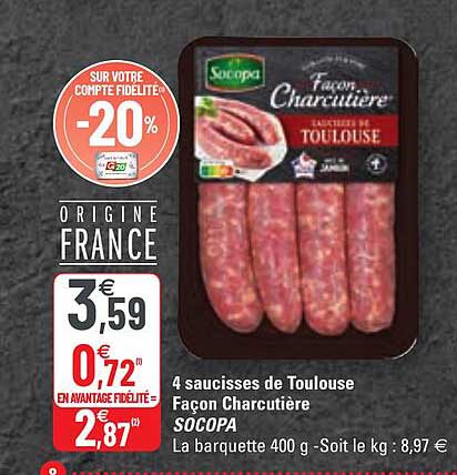 4 saucisses de toulouse façon charcutière socopa