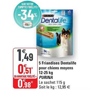5 friandises dentalife pour chiens moyens 12-25 kg purina