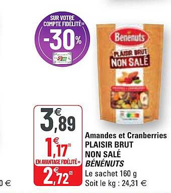 amandes et cranberries plaisir brut non salé bénénuts