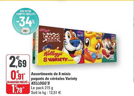 assortiments de 8 minis paquets de céréales variety kellogg's