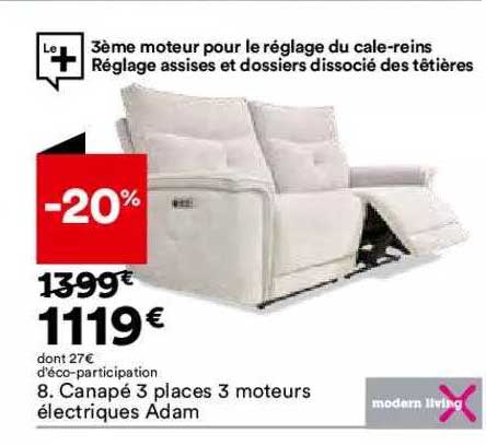 canapé 3 places 3 moteurs électriques adam modern living