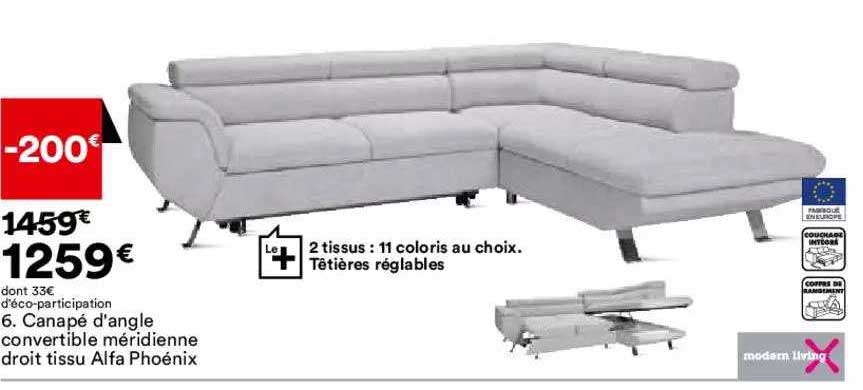 canapé d'angle convertible méridienne droit tissu alfa phoénix modern living