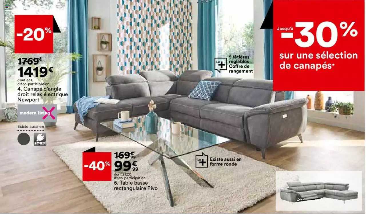 canapé d'angle droit relax électrique newport, table basse rectangulaire pivo modern living