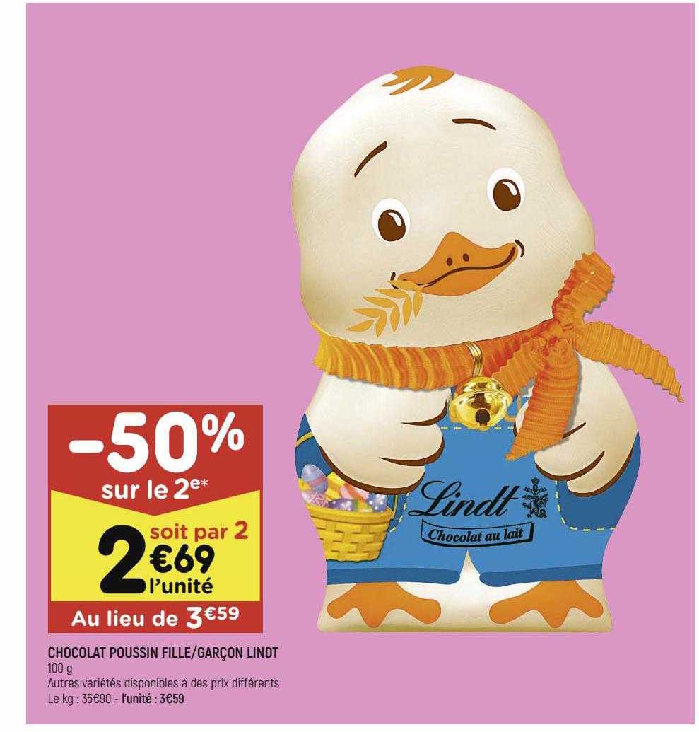 chocolat poussin fille garçon lindt -50% sur le 2e