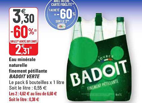 eau minérale naturelle finement pétillante badoit verte