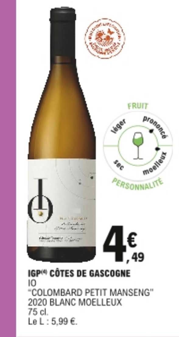igp côtes de gascogne io "colombard petit manseng" 2020 blanc moelleux