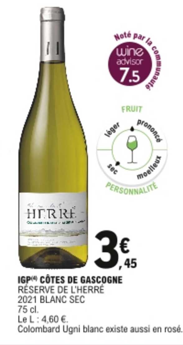 igp côtes de gascogne réserve de l'herré 2021 blanc sec