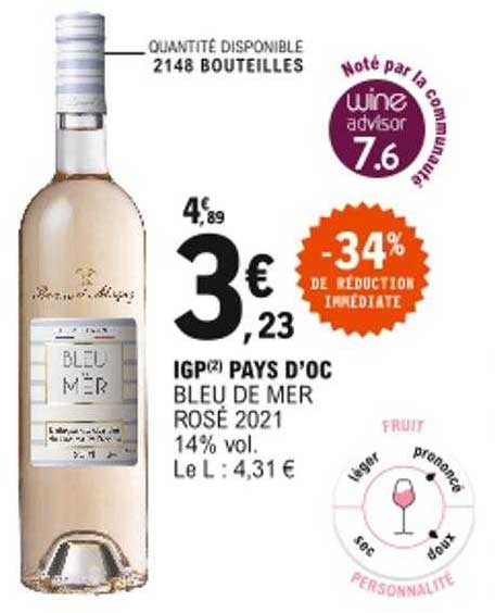 igp pays d'oc bleu de mer rossé 2021 -34% de réduction immédiate