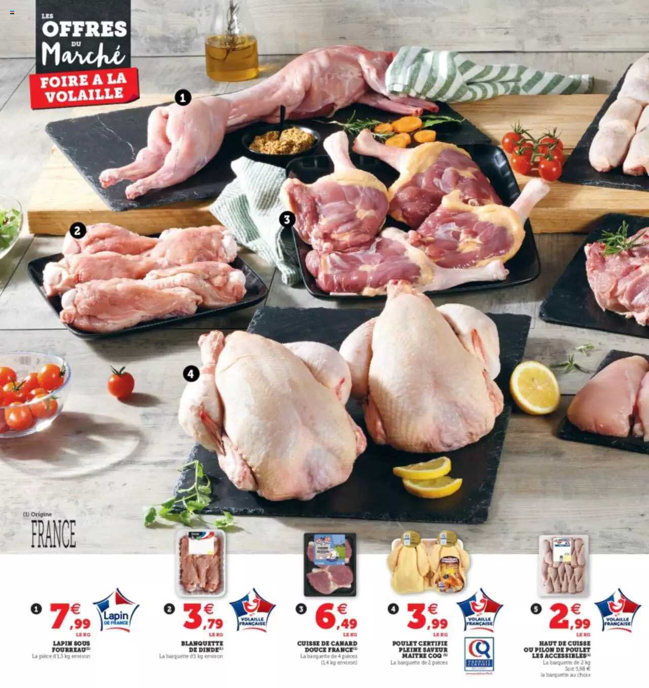 lapin sous fourreau, blanquette de dinde, cuisse de canard douce france, poulet certifié pleine saveur maître coq, haut de cuisse ou pilon de poulet les accessibles