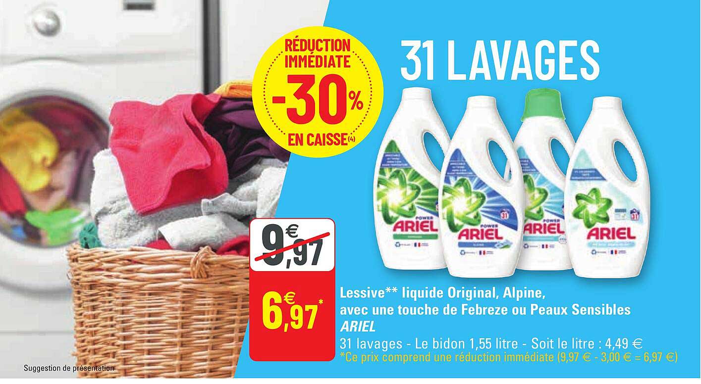 lessive liquide original, alpine, avec une touche de febreze ou peaux sensibles ariel