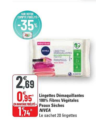lingettes démaquillantes 100% fibres végétales peaux sèches nivea