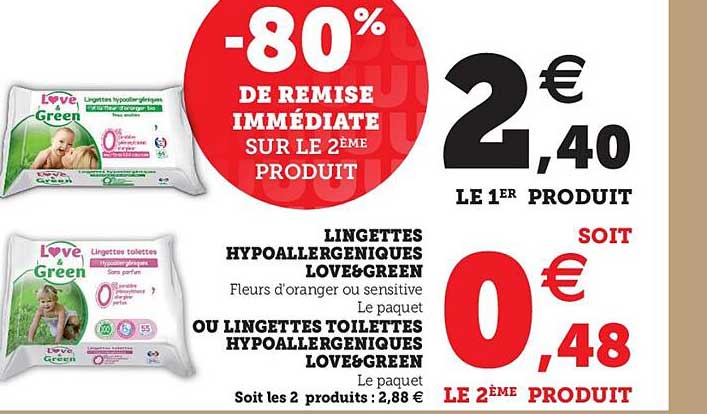 lingettes hypoallergeniques love&green ou lingettes toilettes hypoallergeniques love&green -80% de remise immédiate sur le 2ème produit