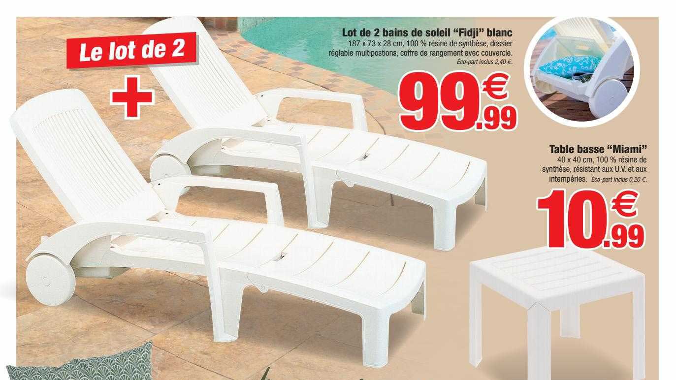 lot de 2 bains de soleil "fidji" blanc, table basse "miami"