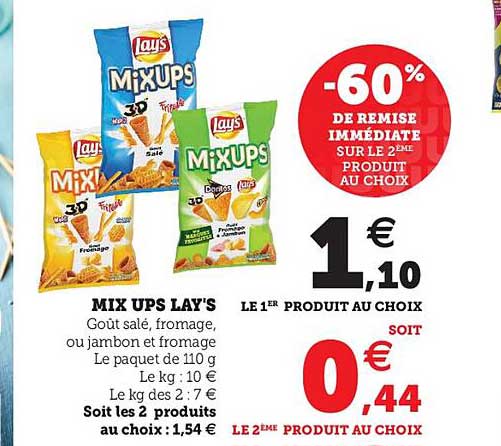 mix ups lay's -60% de remise immédiate sur le 2ème produit au choix