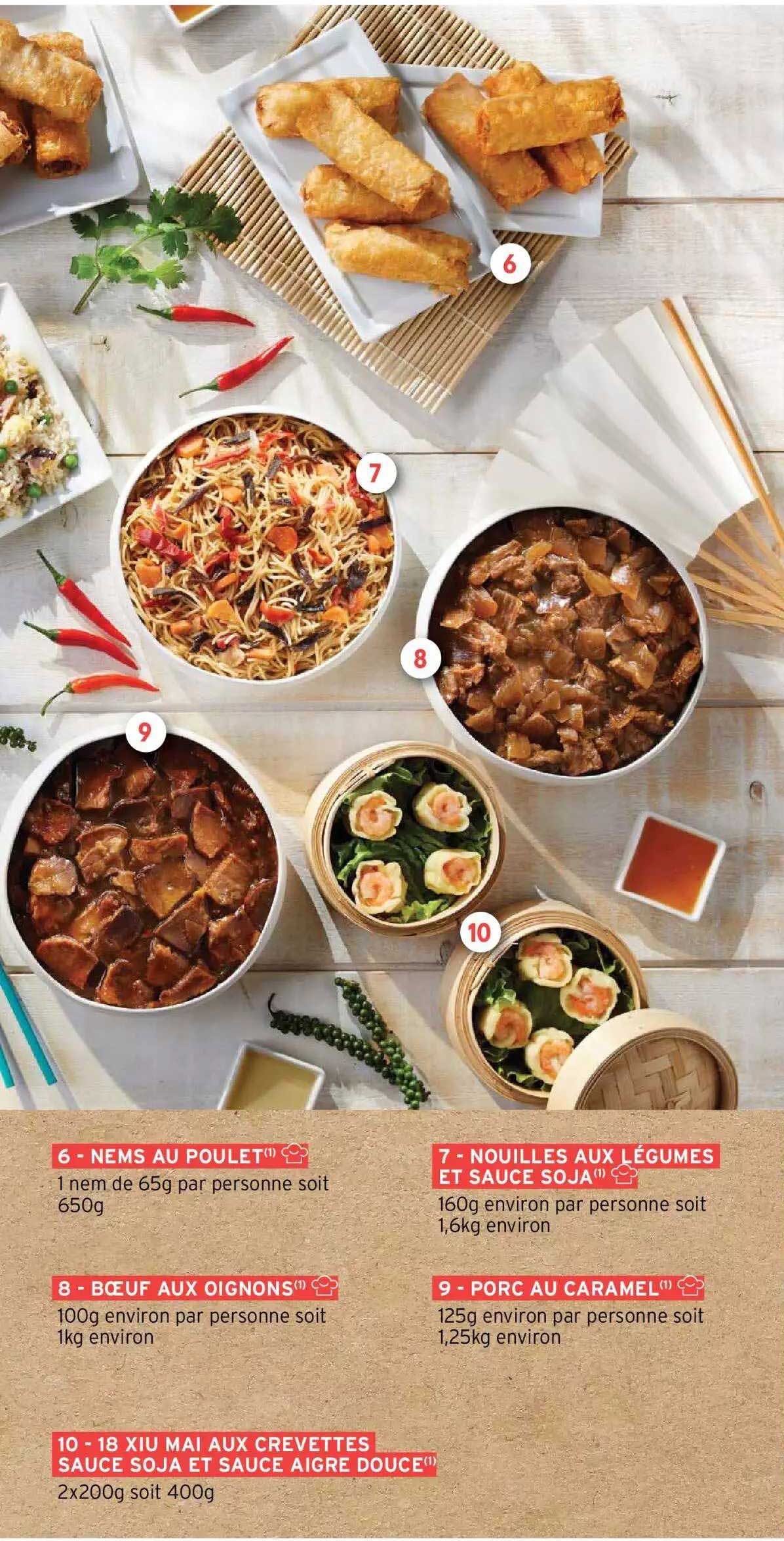 nems au poulet, nouilles aux légumes et sauce soja, bœuf aux oignons, porc au caramel, 18 xiu mai aux crevettes sauce soja et sauce aigre douce