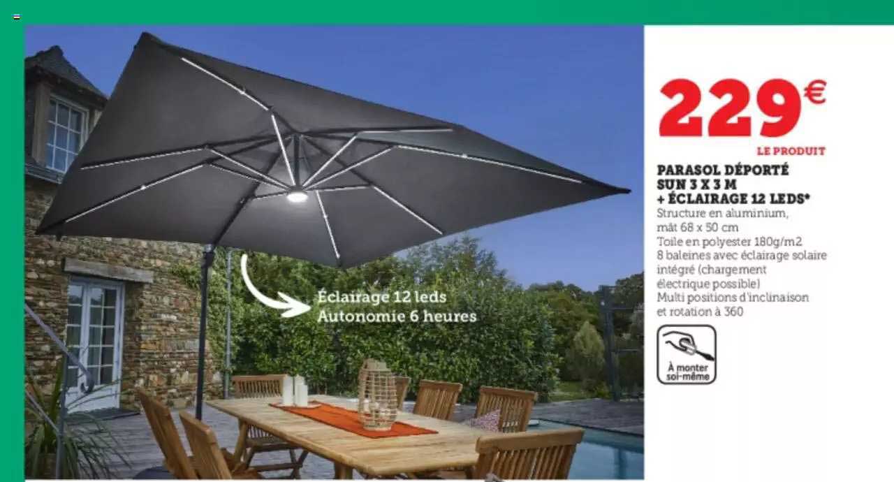 parasol déporté sun 3x3 m + éclairage 12 leds