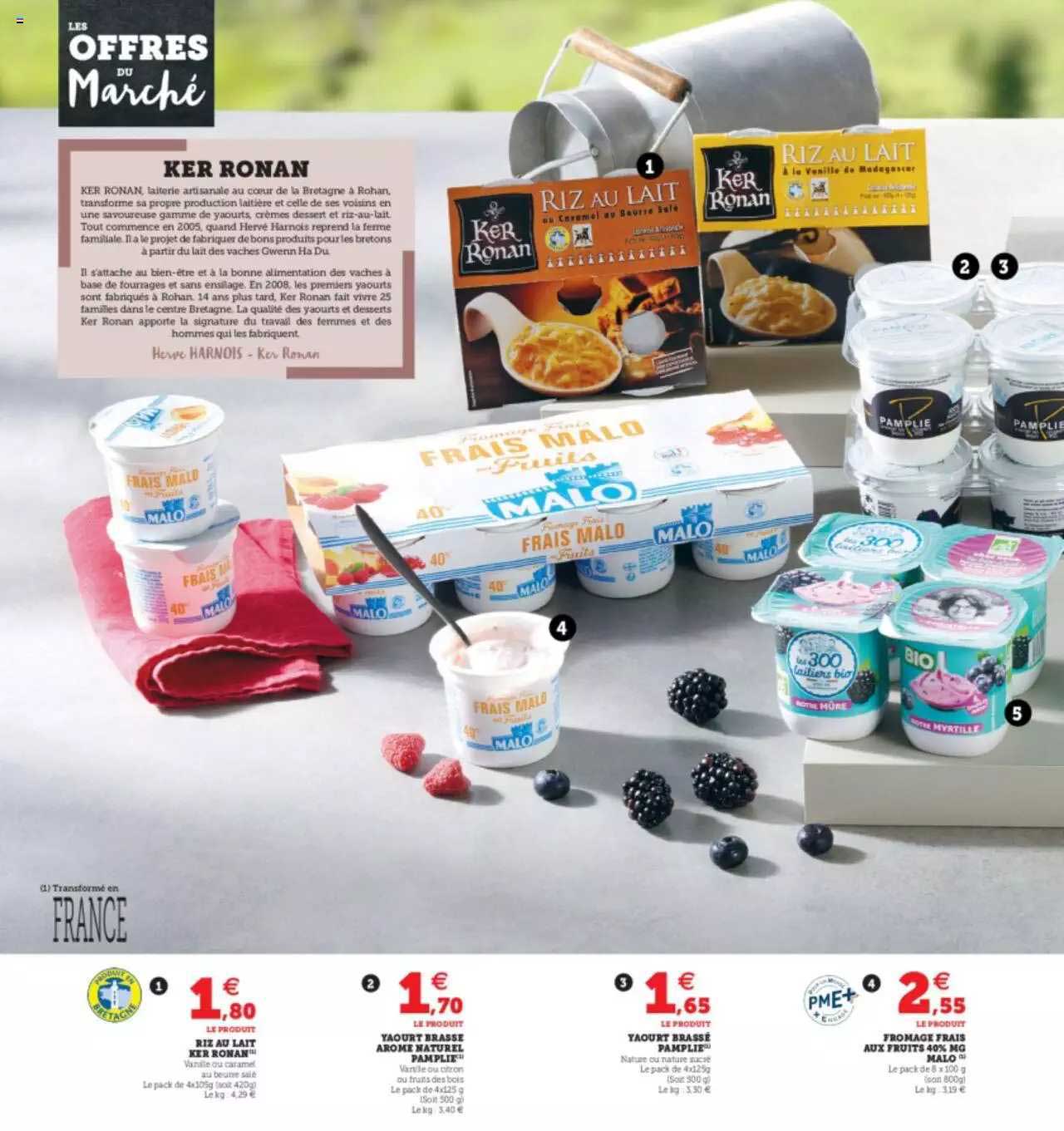 riz au lait ker ronan, yaourt brassé arome naturel pamplie, yaourt brassé pamplie, fromage frais aux fruits 40% mg malo