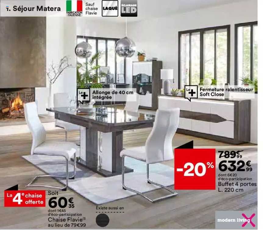 séjour matera : chaise flavie, buffet 4 portes l. 220 cm modern living