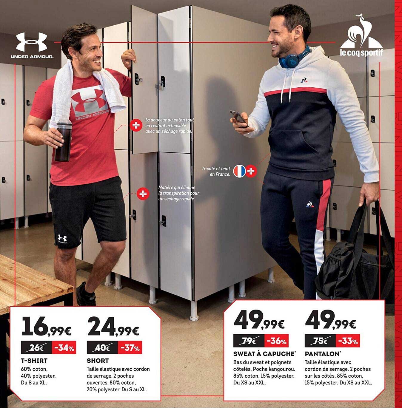 t-shirt, short under armour, sweat à capuche, pantalon le coq sportif