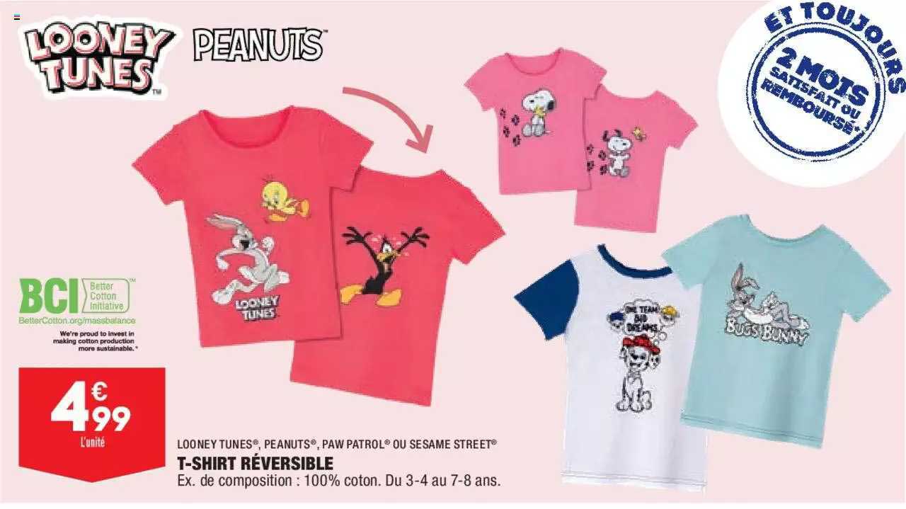 T-shirt Réversible Looney Tunes, Peanuts, Paw Patrol Ou Sesame Street