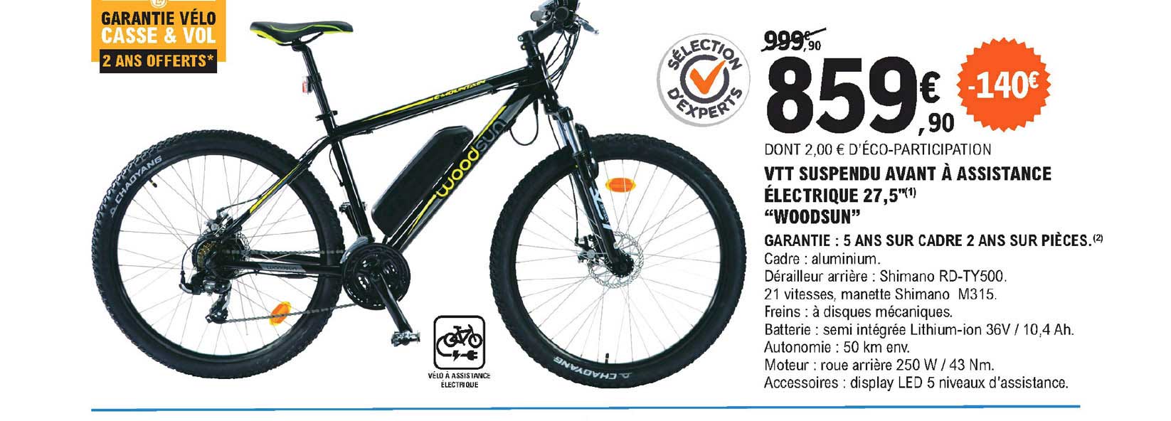 vtt suspendu avant à assistance électrique 27,5" woodsun