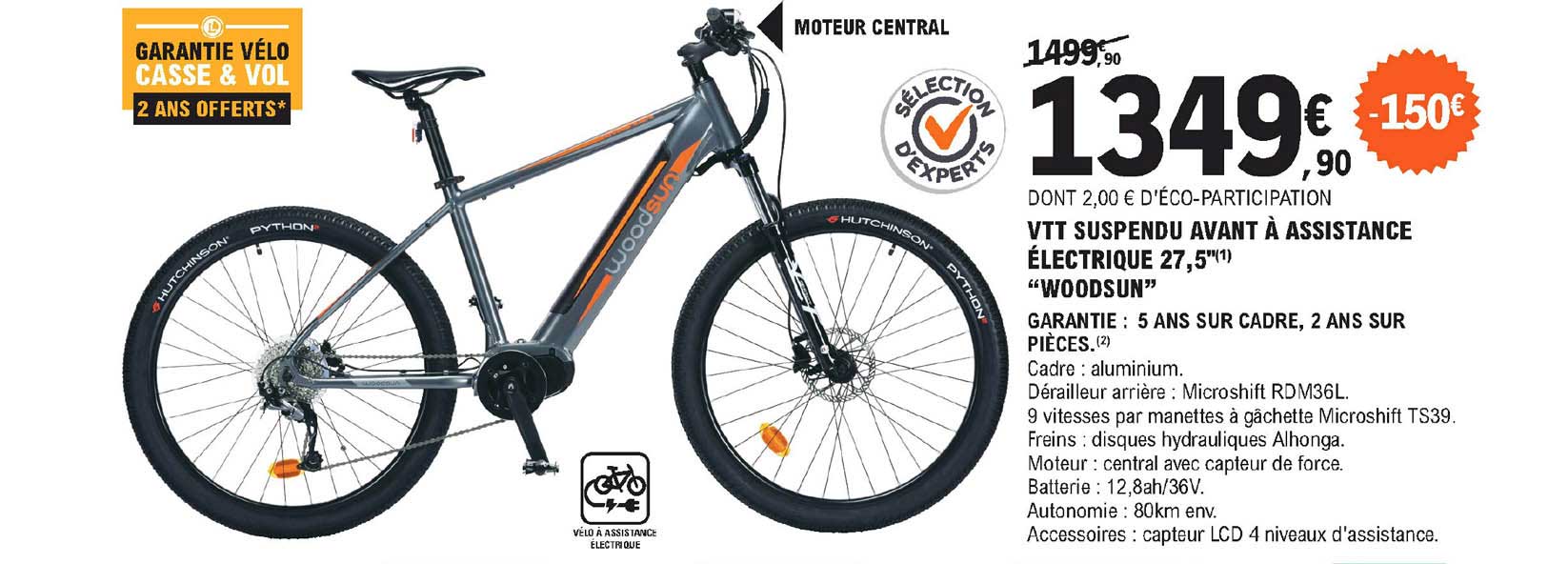 vtt suspendu avant à assistance électrique 27,5" woodsun