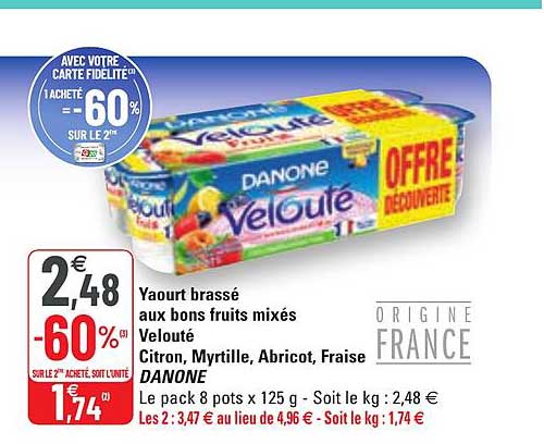 yaourt brassé aux bons fruits mixés velouté citron, myrtille, abricot, fraise danone