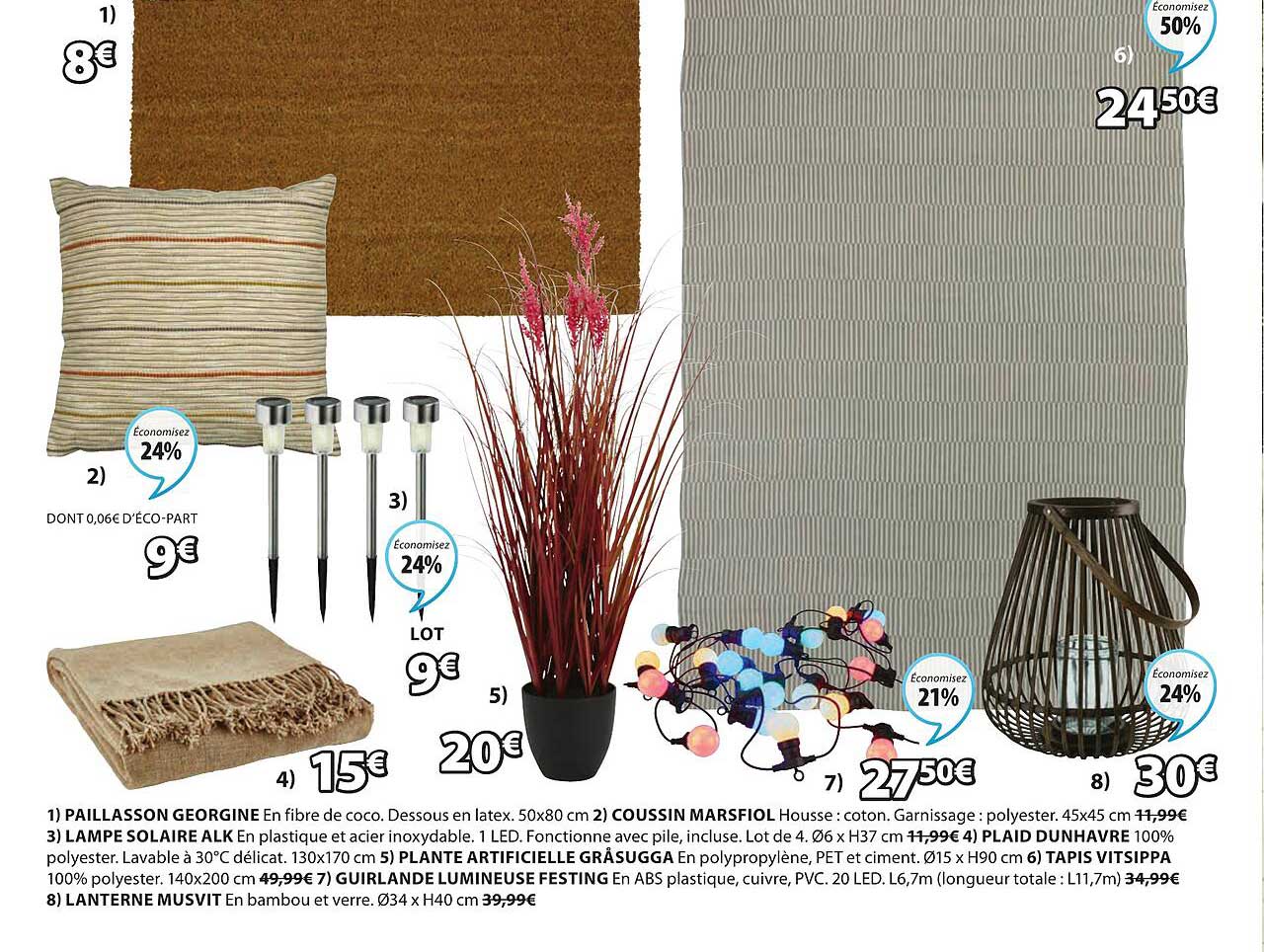 paillasson georgine, coussin narsfiol, lampe solaire alk, plaid dunhavre, plante artificielle grasugga, tapis vitsippa, guirlande lumineuse festing, lanterne musvit