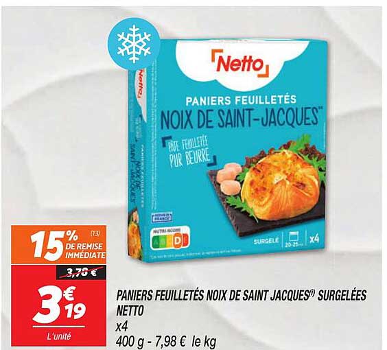 paniers feuilletés noix de saint jacques surgelées netto