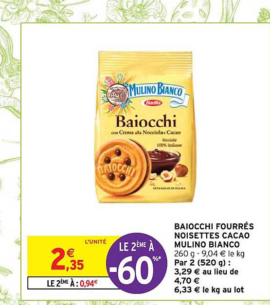 baiocchi fourrés noisettes cacao mulino bianco