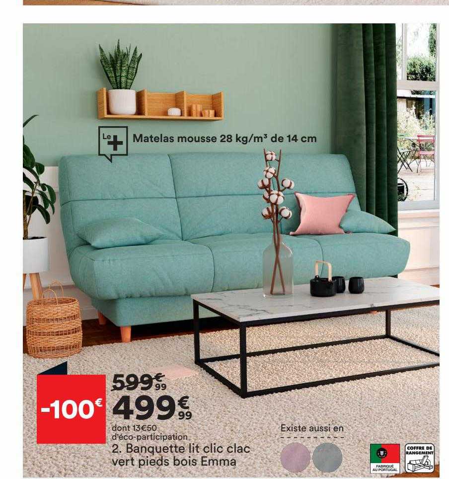 banquette lit clic clac vert pieds bois emma