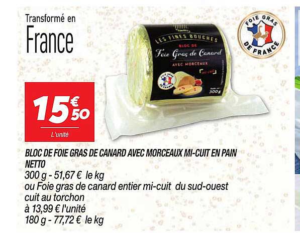 bloc de foie gras de canard avec morceaux mi-cuit en pain netto