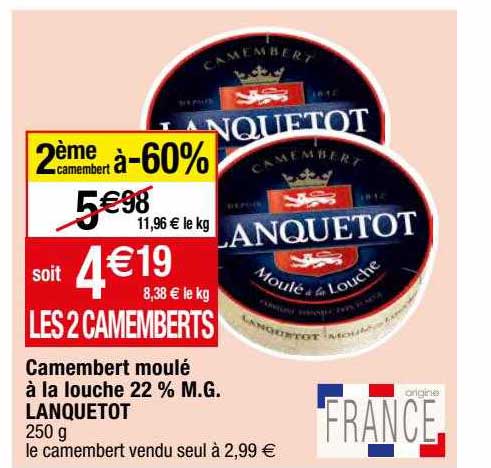 Camembert Moulé à La Louche 22% Mg Lanquetot