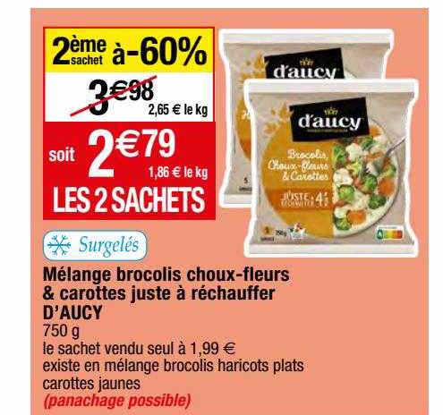mélange brocolis choux-fleurs & carottes juste à réchauffer d'aucy surgelés