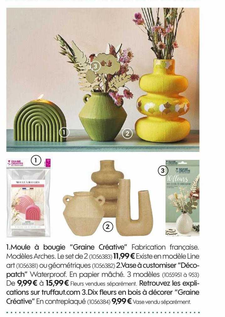 moule à bougie "graine créative", vase à customiser "décopatch", dix fleurs en bois à décorer "graine créative"