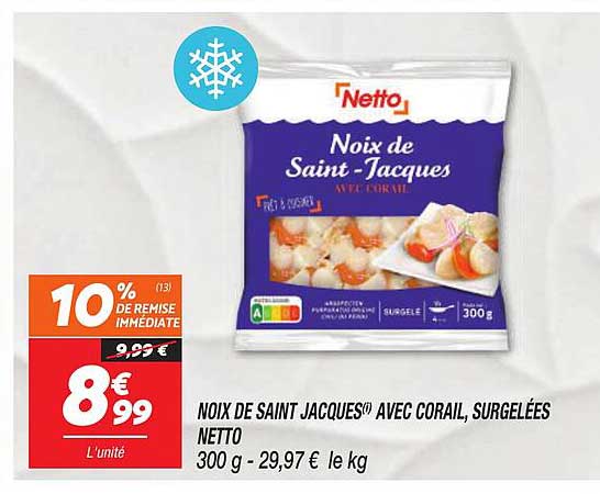 noix de saint jacques avec corail, surgelées netto
