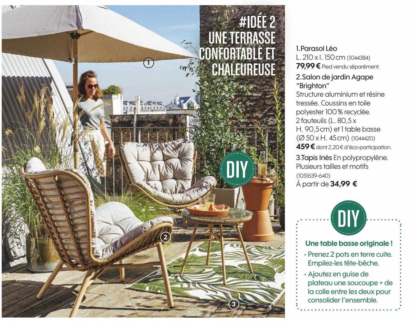 parasol léo, salon de jardin agape "brighton", tapis inès