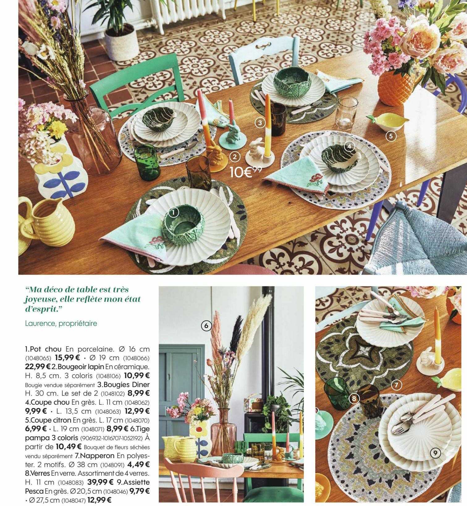 pot chou en porcelaine, bougeoir lapin en céramique, bougies diner, coupe chou en grès, coupe citron, tige pampa 3 coloris, napperon, verres, assiette pesca