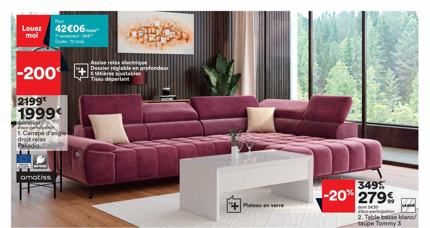 table basse blanc ou taupe tommy 3 ou canapé d'angle droit relax palladio