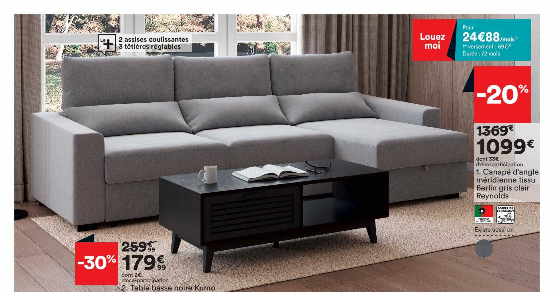 table basse noir kumo ou canapé d'angle méridienne tissu berlin gris clair reynolds