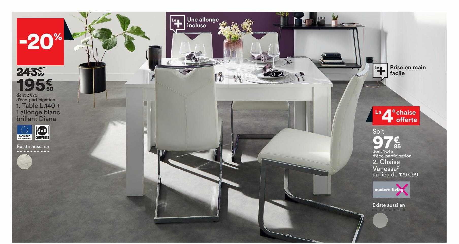 table l.140 1 allonge blanc brillant diana ou chaise vanessa