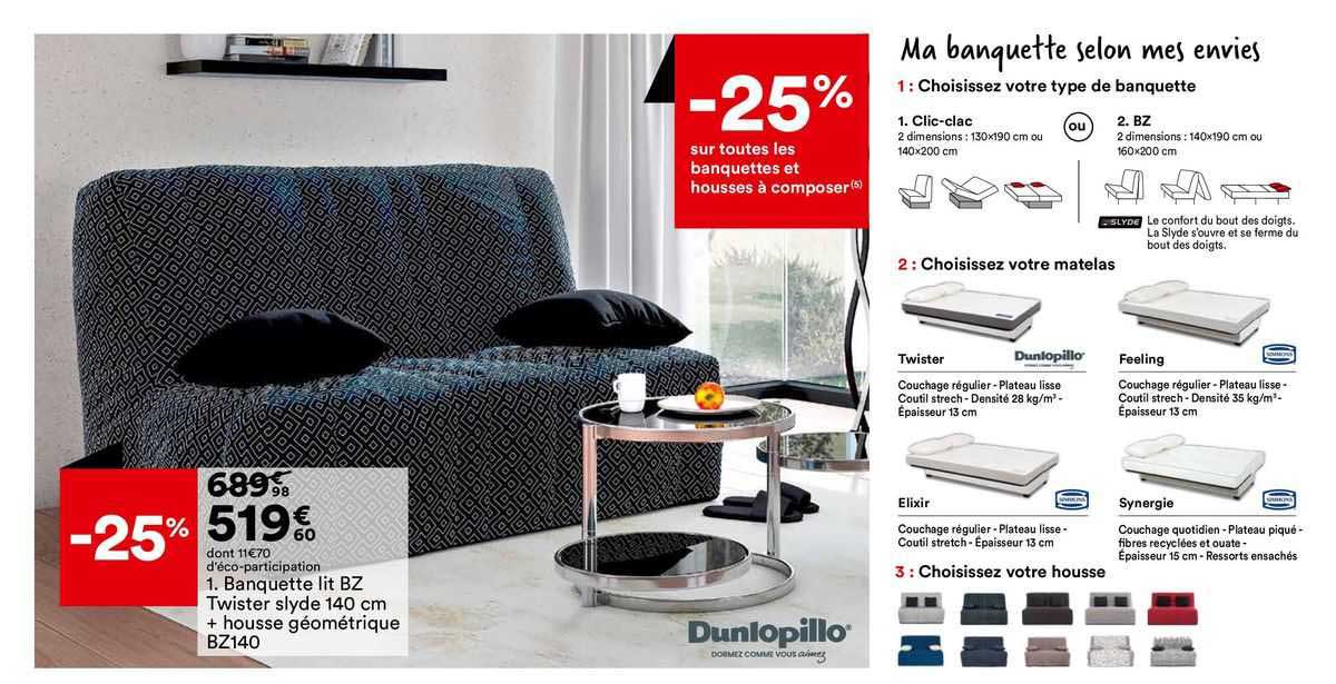 banquette lit bz twister slyde 140 cm + housse géométrique bz140 dunlopillo