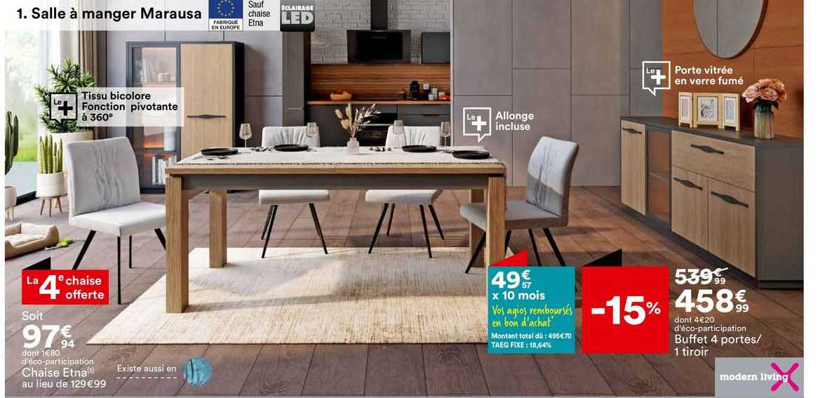 chaise etna, buffet 4 portes/1 tiroir modern living