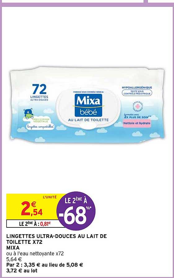 lingettes ultra-douces au lait de toilette x 2 mixa