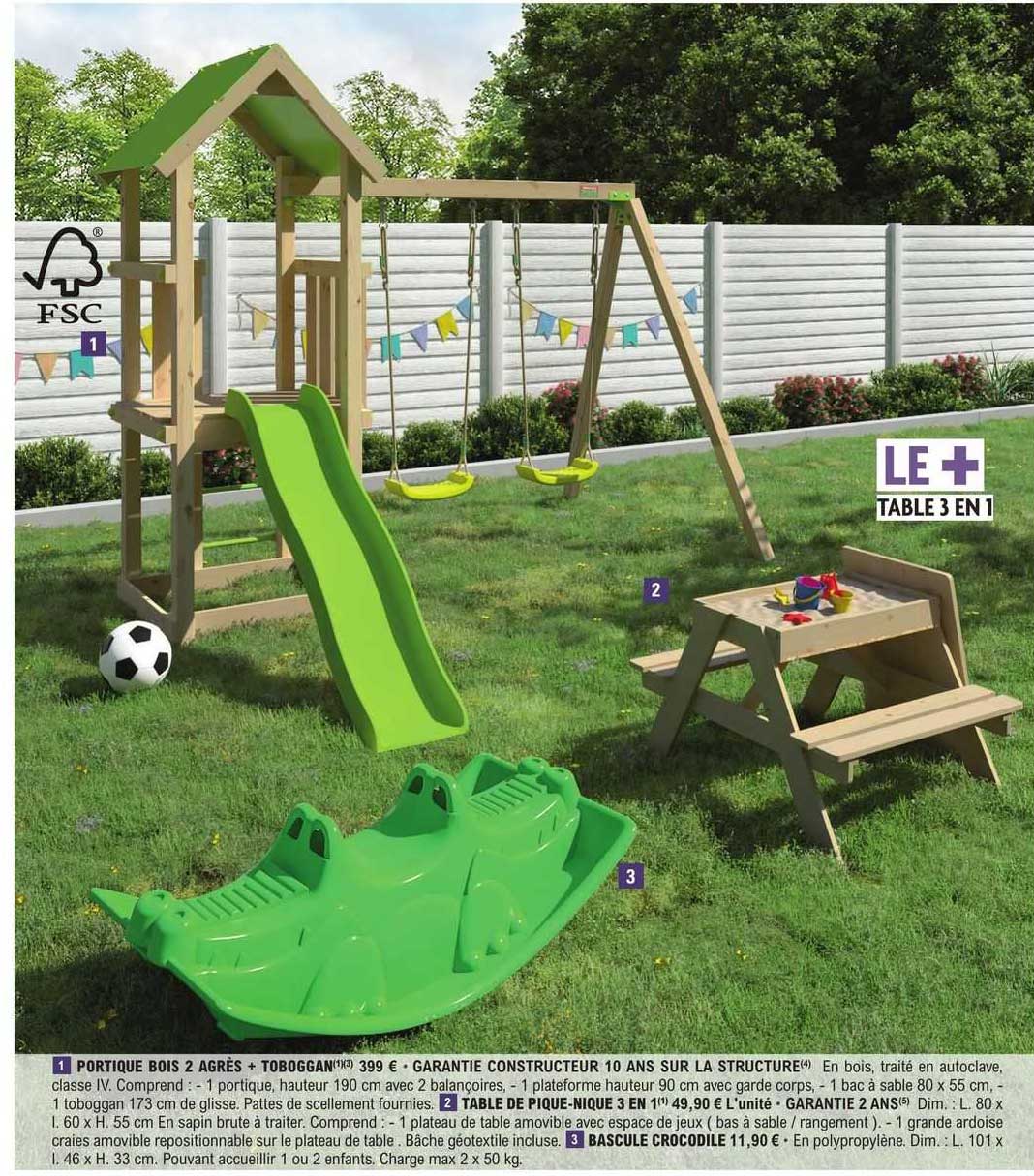portique bois 2 agrès + toboggan, table de pique nique 3 en 1, bascule crocodile